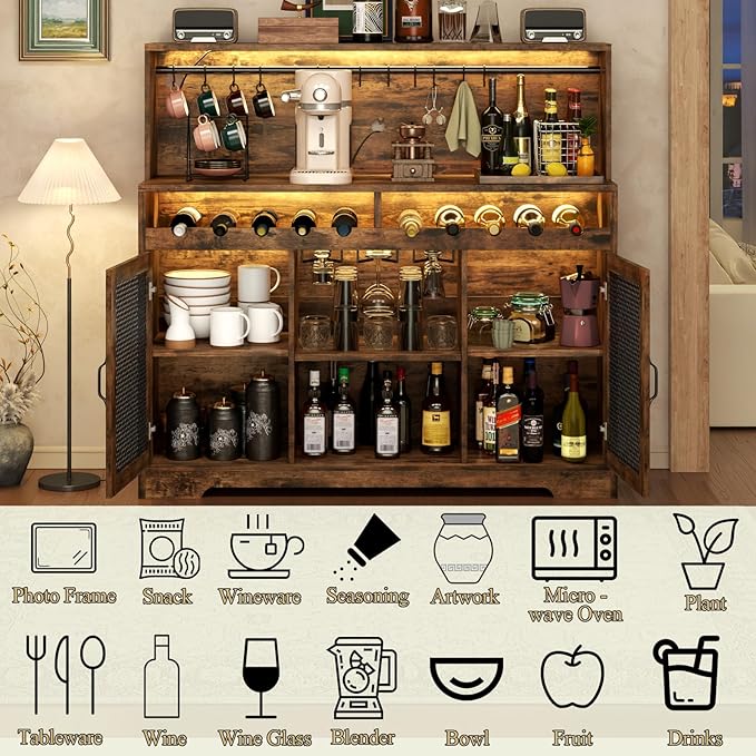 Loomie Wine Bar Cabinet with LED Light, Liquor Cabinet with Glass Holder