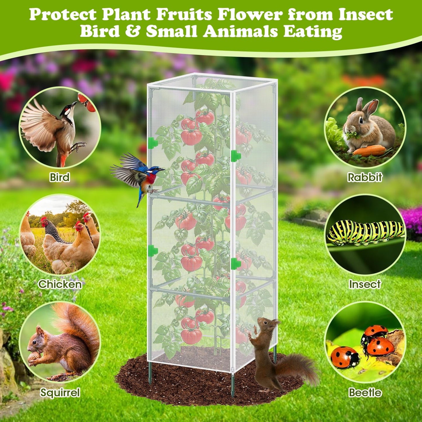 3Pack Garden Bird Netting Plant Cover for Square Tomato Cage,59"x17.7" Insect Bird Barrier Tomato Cage Net with Zipper&12pcs Clips,Tomato Trellis Netting Protection Mesh Cover for Protecting Plants