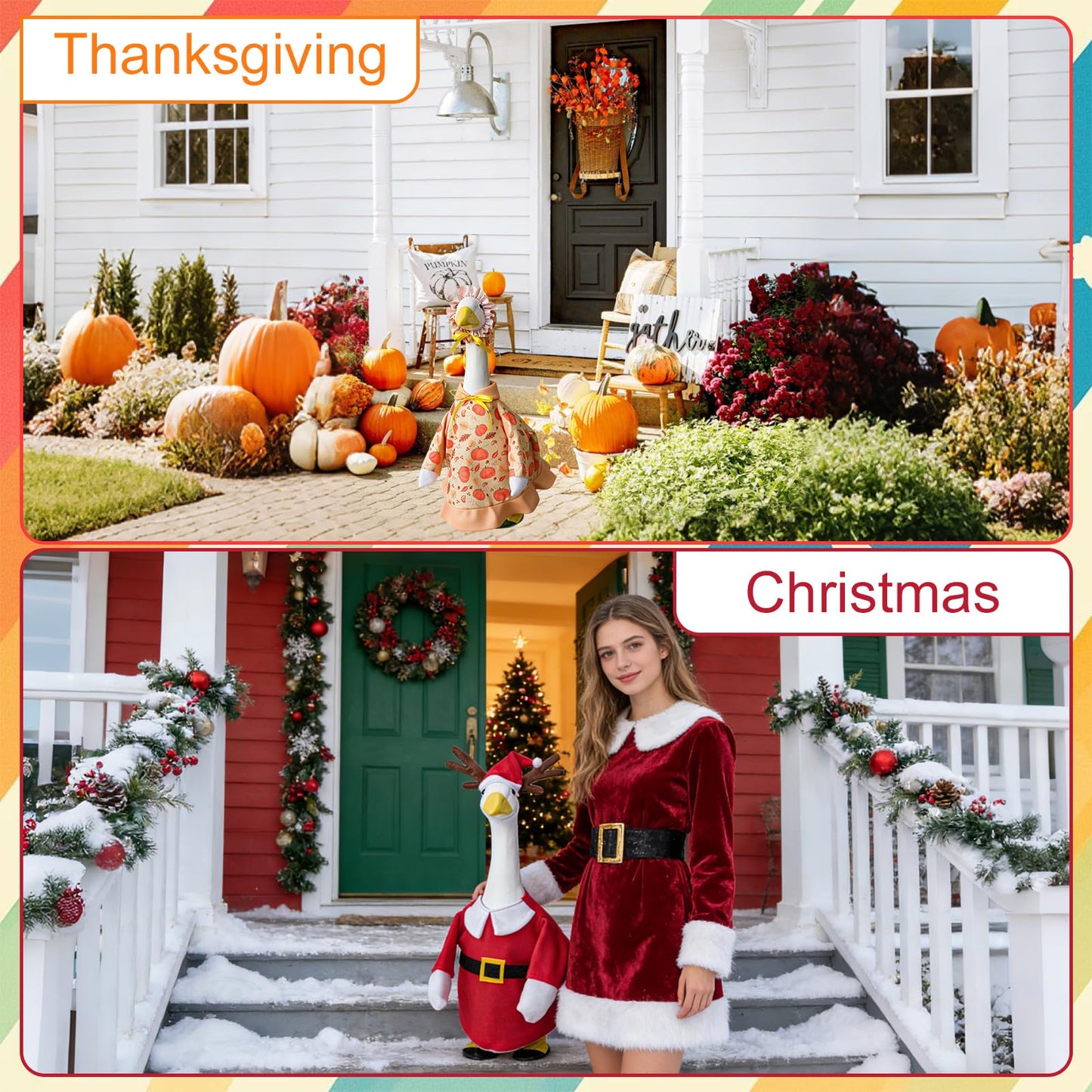8 Set Porch Goose Outfits All Seasons Holiday Bundle, Valentine's Day, St. Patrick's, Easter, Independence, Back School, Halloween, Thanksgiving, Christmas Clothing for 23" Lawn Goose Patio Yard Deco