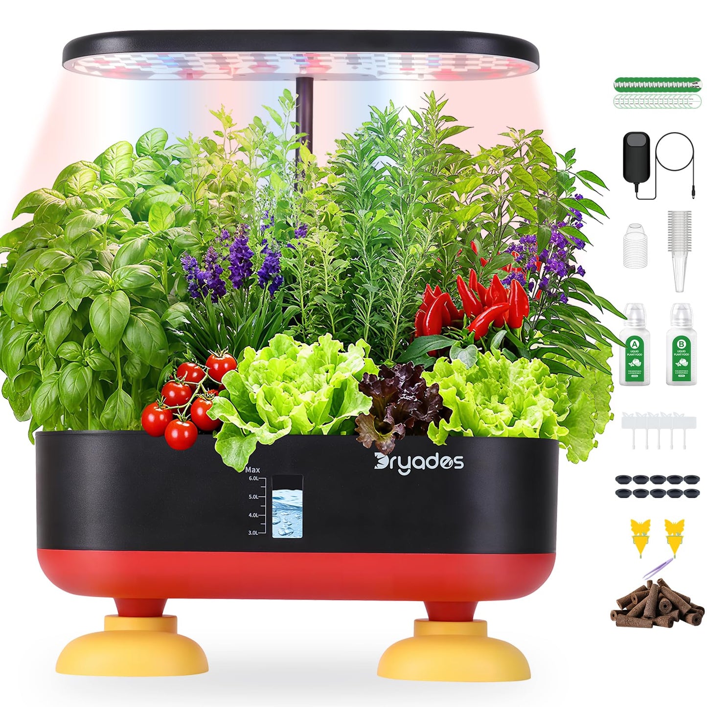 DRYADES 16 Pods Hydroponic Growing System, Indoor Garden with 24W Full-Spectrum LED, Smart Quiet Auto-Watering Herb Planter, Classic Red-Black Gift Design for Home, Office & Holiday