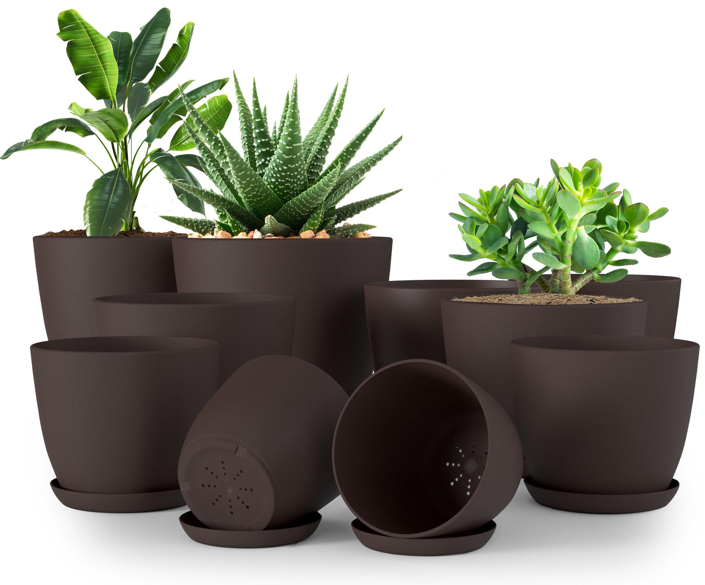 Utopia Home - Plant Pots Indoor with Drainage - 7/6.6/6/5.3/4.8 Inches Home Decor Flower Pots - Pack of 10 Plastic Planters for Indoor Plants, Cactus, Succulents Pot - Brown
