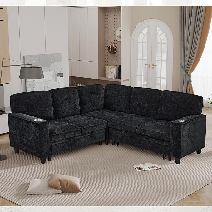 L-Shaped Sectional Couch with Storage and Pull Out Bed, Convertible Sofa Bed