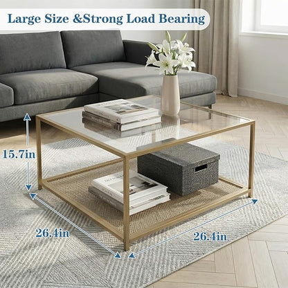 Gold Glass Coffee Table, Square Coffee Tables with Storage Shelf, Simple Tea Cocktail Modern Center Tables for Small Space, Living Room, Easy Assembly, 26 * 26in（Gold）