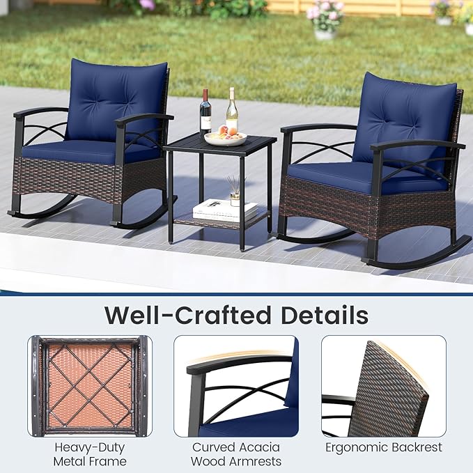 Tangkula 3 Piece Rattan Rocking Chair Set, Patio Rocker Bistro Set w/Acacia