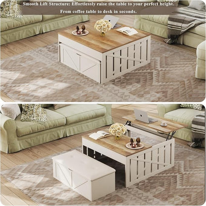 HUAHUU Lift Top Coffee Table with Storage Hidden Compartment, 31.5" Farmhouse Coffee Tables with Ottoman Bench, Center Table with Wooden Lift Tabletop for Living Room, White