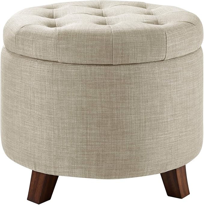 Amazon Basics Round Storage Ottoman Foot Rest, Button Tufted Upholstered