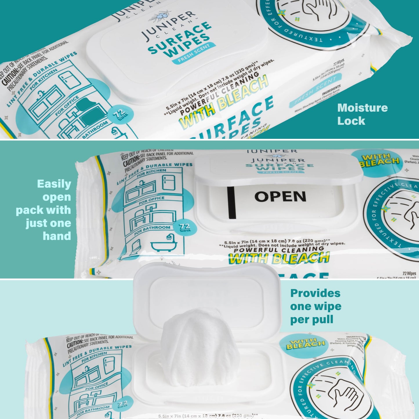 Juniper CLEAN 6 Pack Surface Cleaning Wipes with Bleach, All-Purpose Cleaner for Bathroom, Kitchen, Office, 72 Count Soft Flow, Fresh Scent, Lint Free & Durable