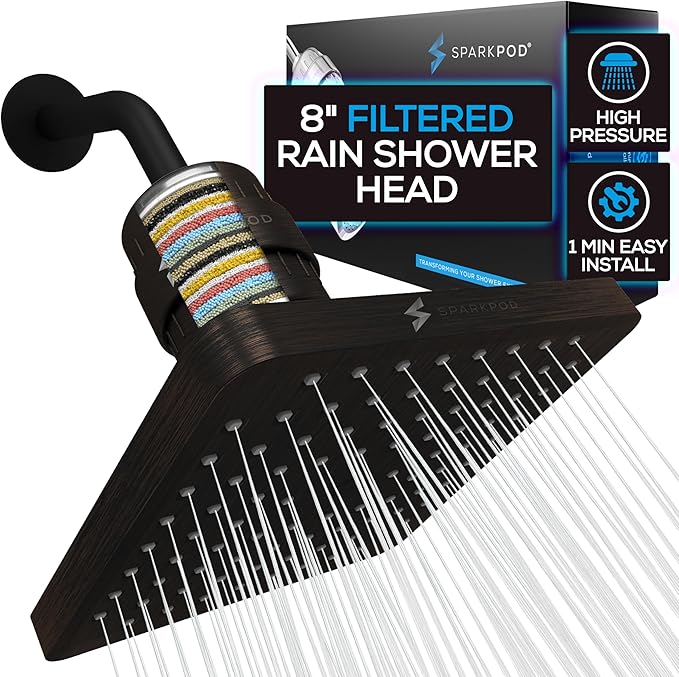 SparkPod 23-Stage Filtered Shower Head, 8" Square, Oil-Rubbed Bronze | Filtered Shower Head for Hard Water Filter, High Pressure, Reduces Chlorine, Heavy Metals, For Dry Skin & Hair