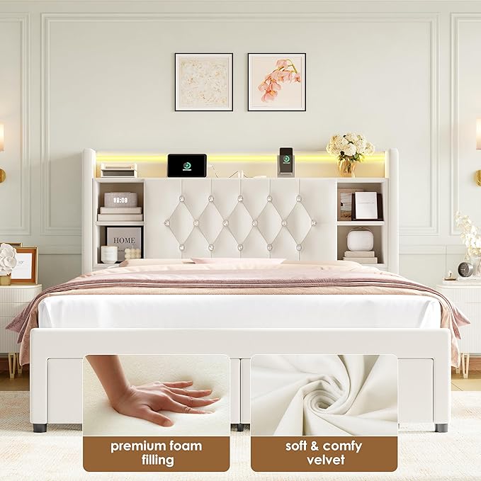 Full Bed Frame with Drawers, Hidden-Cubby & Shelves Storage Headboard with
