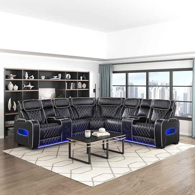 Lexicon 118" Power Reclining Sectional Sofa, Wall Hugger, 2 Recliner Seats