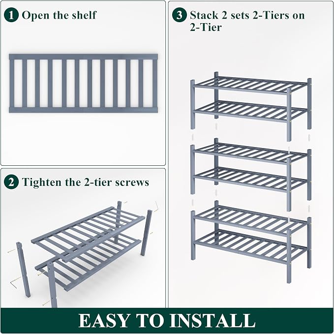 Smiry Bamboo Shoe Rack, 6 Tier Free Standing Wooden Shoe Organizer, Stackable Wood Shoe Storage Shelf for Closet, Entryway, 14 Vertical Slats, 2+2+2 Stack Heavy-Duty Legs, 26.8"x11"x39", Grey