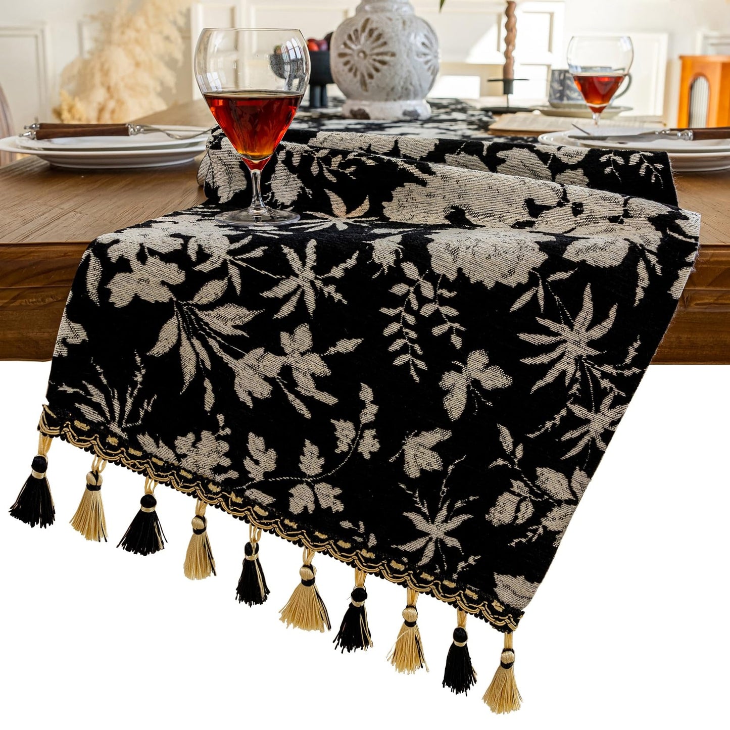 HomeyHo Botanical Dining Table Runner with Tassels Luxury Table Runner for Home Party Decor Jacquard Floral Elegant Halloween Natural Table Runners 13 x 71 Inch Black