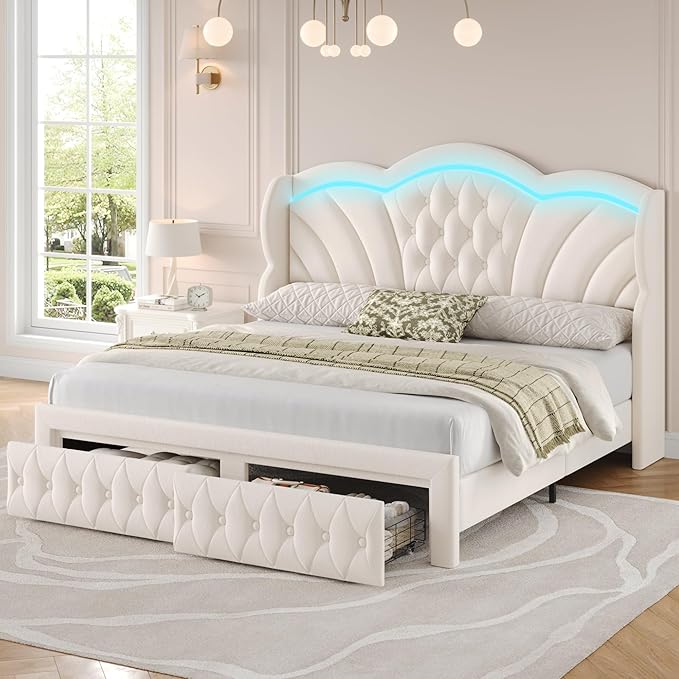 Keyluv Queen Bed Frame with LED Lights and 2 Storage Drawers, Velvet