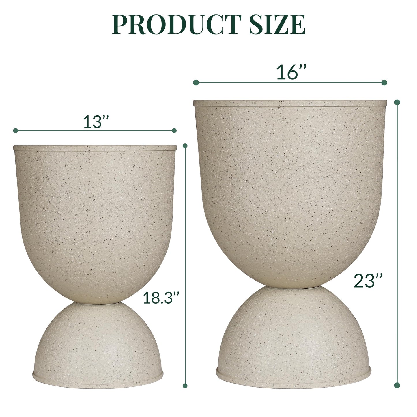 KOL Planters Flower Pots, Large Plastic Urn Planters for Indoor Outdoor Plants, Beige Pedestal Planter 2 Pack, 18 Inch+23 Inch, Decorative Planters with Drainage Holes & Plugs for Porch Garden