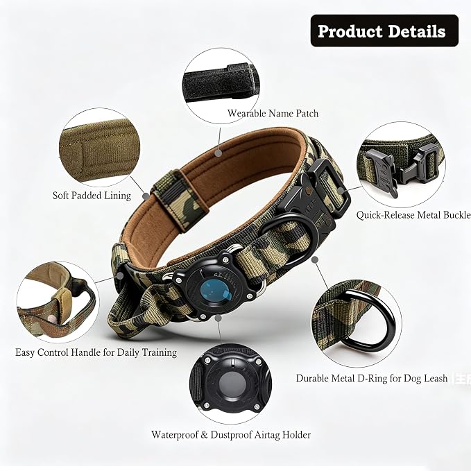 Upgraded AirTag Dog Collar,Waterproof Tactical Dog Collar with AirTag Holder, Control Handle and Metal Buckle,Heavy Duty Dog Collars for Large Dogs(AirtagCamo，XXL
