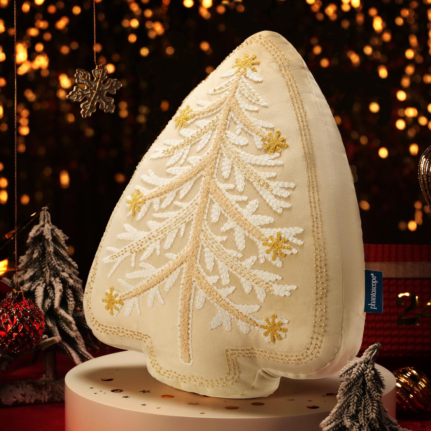 Phantoscope Merry Christmas Tree Decorative Throw Pillow, Velvet Beads Embroidery 3D Shaped Cushion, Suitable for Sofas, Living Rooms, and Beds, Beige, 18 x 14 in