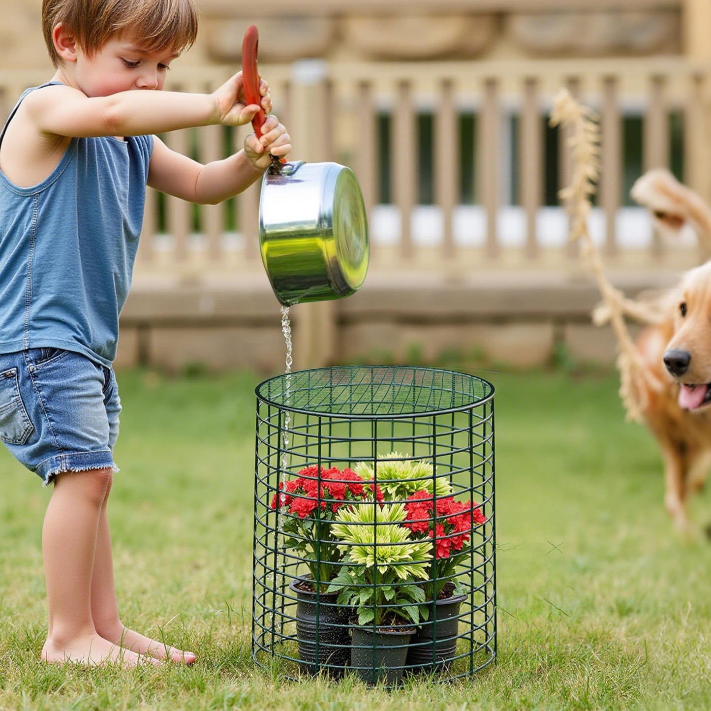 4 Sets of DIY Metal Plant Protectors from Deer, Garden Fencing Animal Barrier Size 11.8 * 12.9 inches, Mesh Plant Cage Chicken Wire Cloche for Plants with Stakes and Nylon Cables