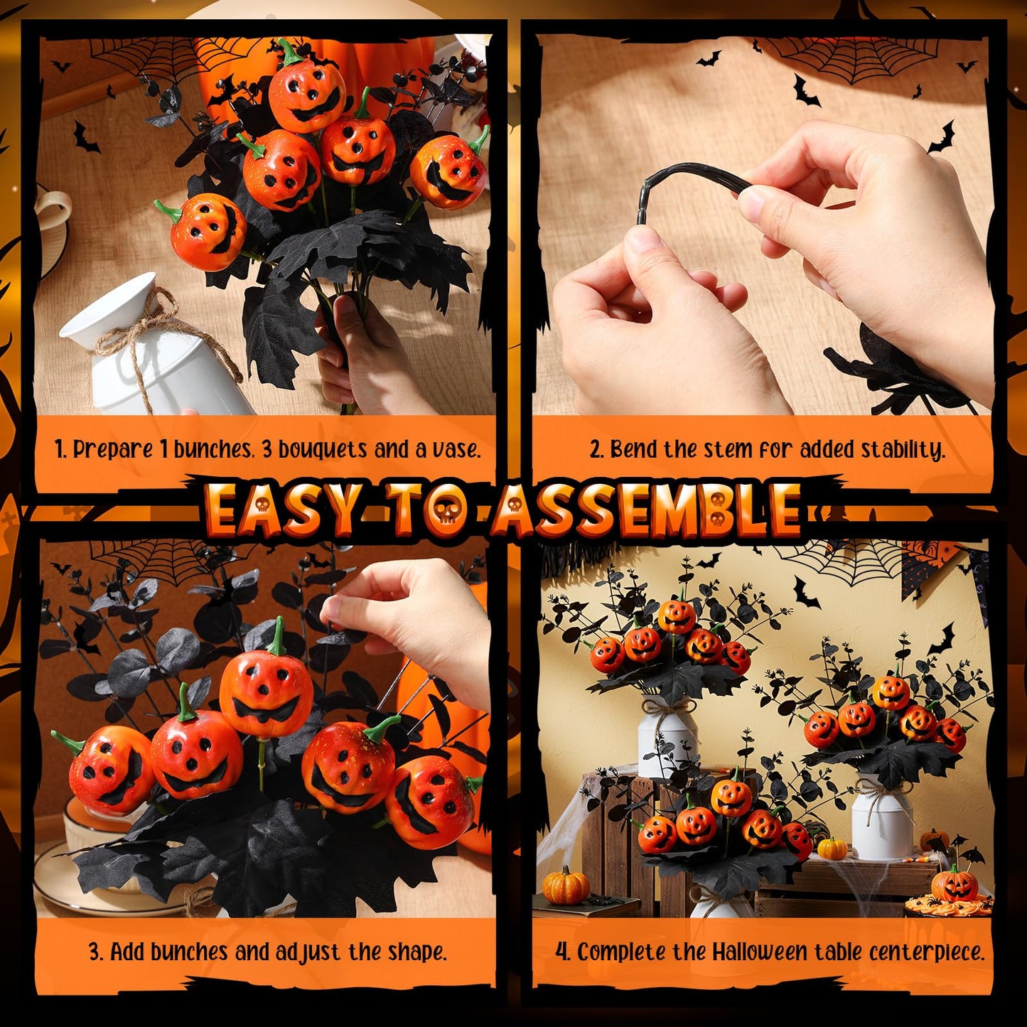 Thiccywoov 4 Sets Halloween Table Centerpiece Decorations Artificial Black Pumpkins Eucalyptus with Metal Vase Faux Pumpkins Plants in Pots for Halloween Trick or Treat Party Home Dining Table Decor