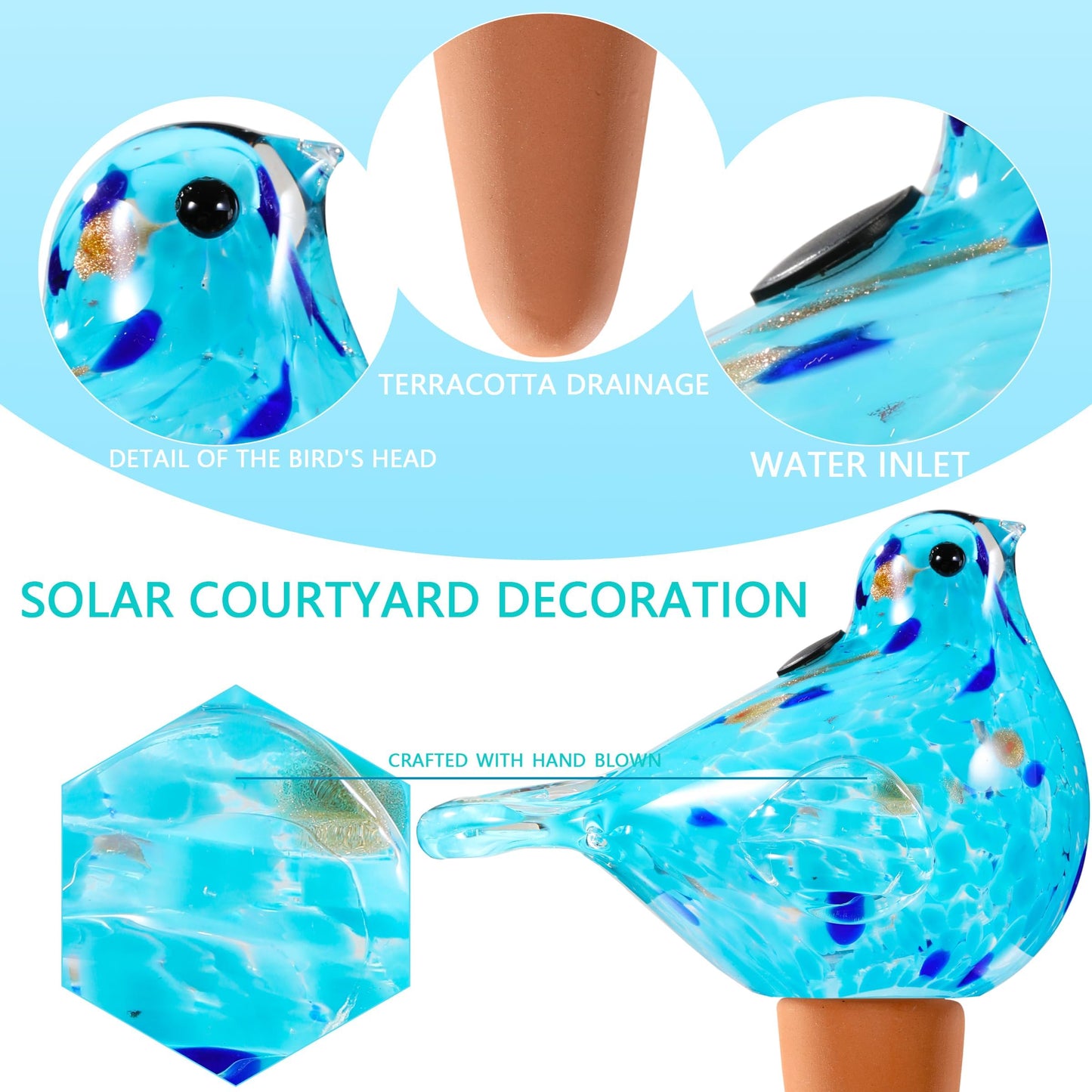Plant Watering Globes, Bird Glass Self Watering Planter Insert - For Indoor & Outdoor Plants - Glass Plant Water Globes For Daily Use, Planter Spikes To Support Indoor & Outdoor Plant Health, Sky Bule