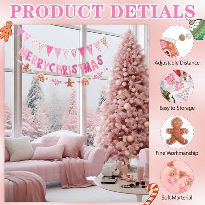 VitalCozy 3 Pcs Pre Strung Merry Christmas Banner Felt Merry Christmas Garland Felt Pennant Flag Xmas Sign Outdoor Indoor Decoration for Holiday Party Supplies Home Porch (Pink, White, Gingerbread)