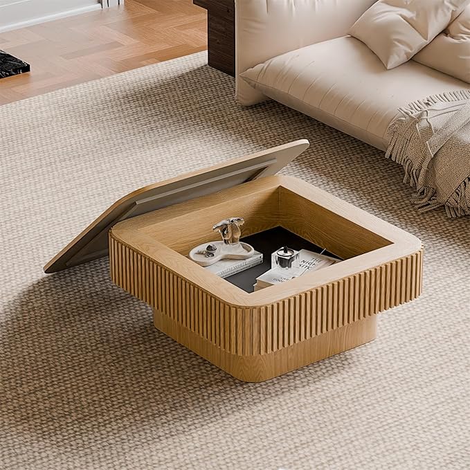 Square Coffee Table for Living Room, Fluted Drum Accent Tea Center Table