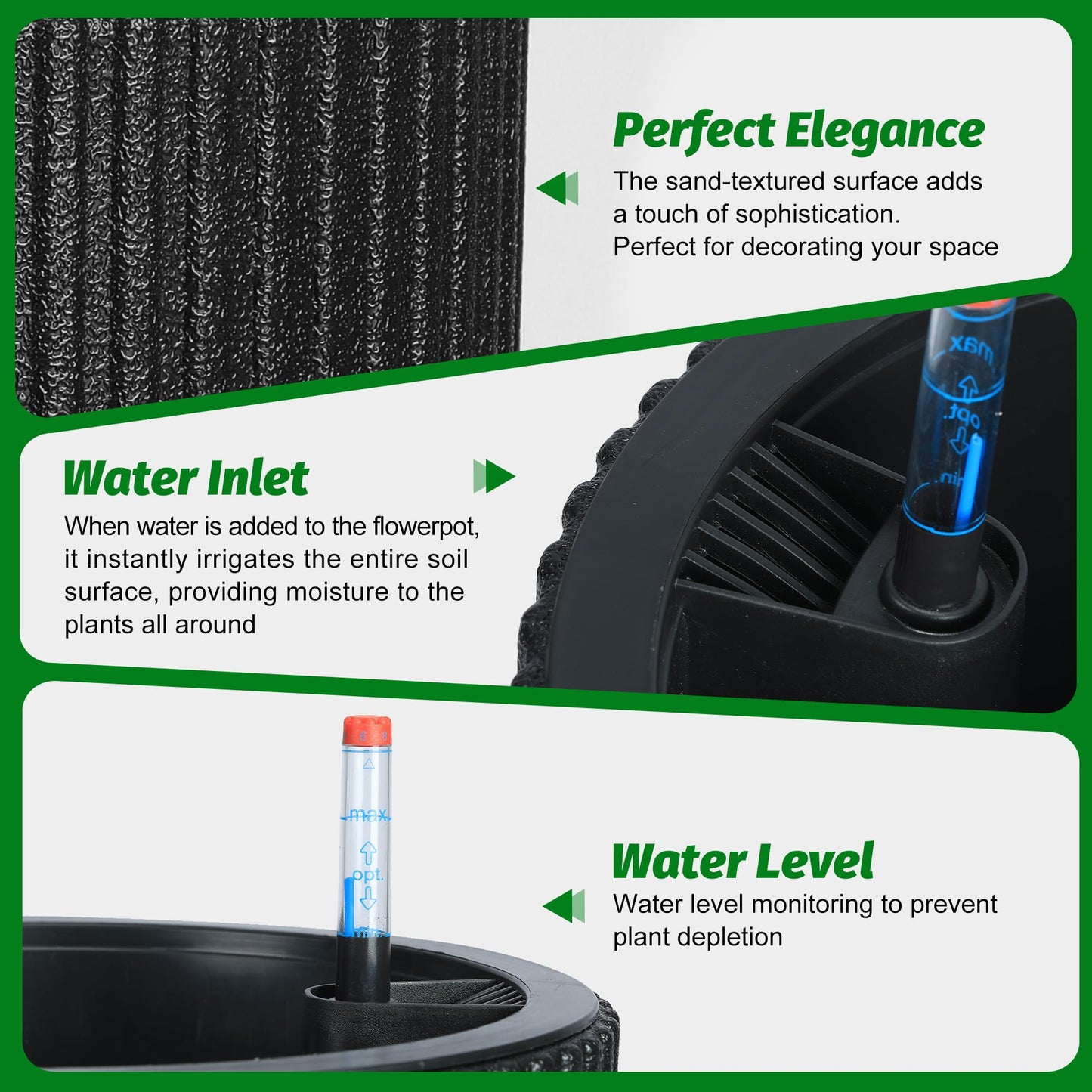 GarveeLife 14.2 in Planters Set of 2, Outdoor＆Indoor Black Planter Pots, Planter Pots with Inner Bucket and Water Level Monitor, for Patio, Porch, Living Room, or Home Office, Classic Black