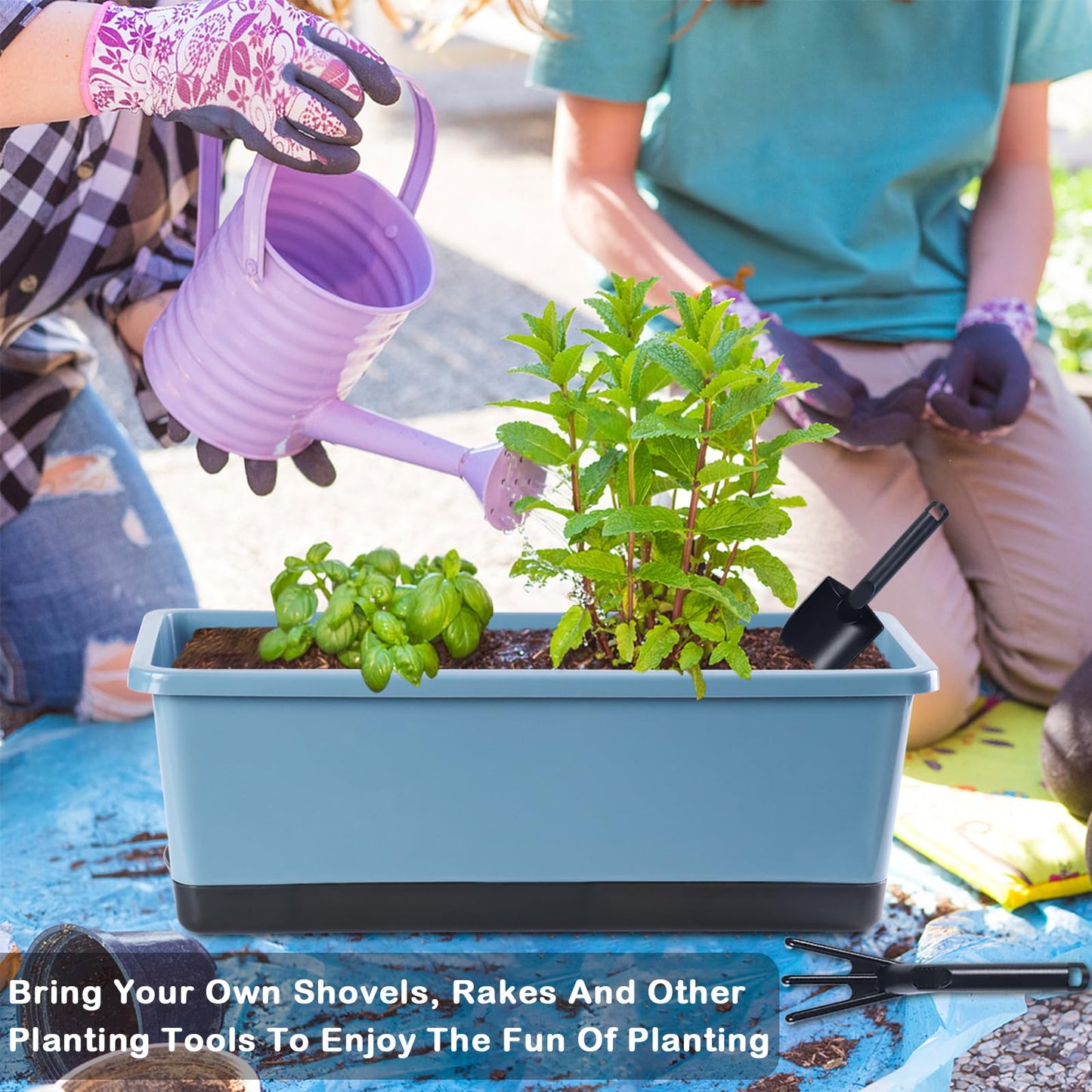 Oliz Window Box Planter 8 Pcs, 17 Inches Rectangle Flower Pots with Drainage Holes and Trays, Vegetable Planters for Windowsill Patio Garden Balcony Home Porch Yard Indoor Outdoor (Blue)