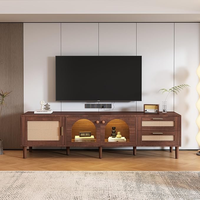 Merax Rattan TV Stand with LED Lights, Solid Wood Feet, Living Room, Bedroom