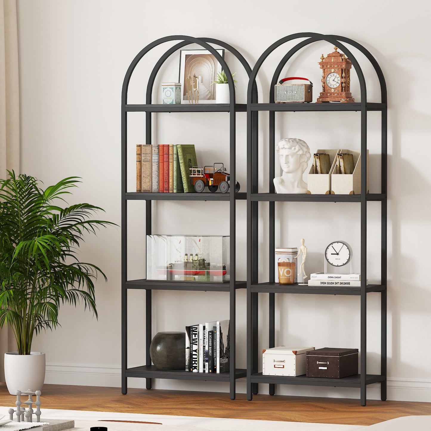 Yusong Bookshelf 4 Tier Arched Bookcase, 71.3" Tall Industrial Open Book Shelves for Living Room, Modern Freestanding Display Shelving Unit Storage Rack with Metal Frame, Office, Bedroom, Black