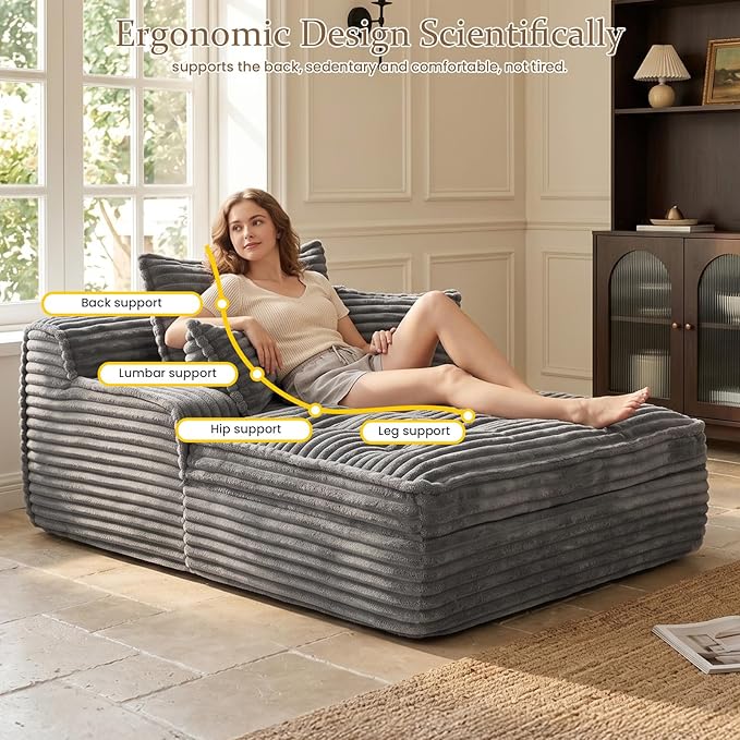 Boneless Chaise Lounge Couch Indoor, Oversized Corduroy Upholstered Sofa Bed