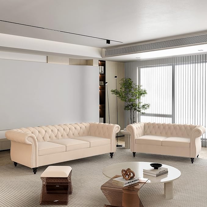 ORRD 2 Piece Living Room Set, Velvet Chesterfield Sofa Loveseat Couch
