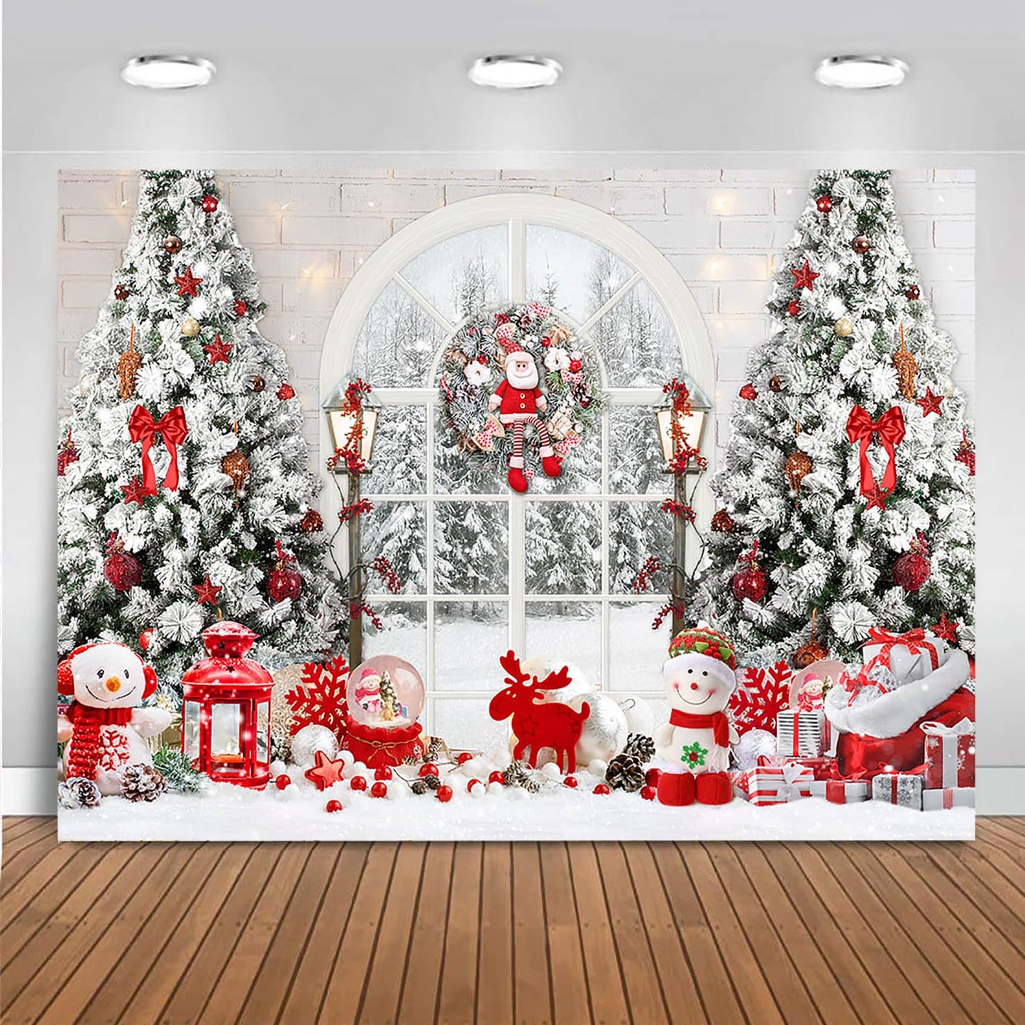 Mocsicka Classic Christmas Interior Room Photography Backdrop Red and White Christmas Tree Window Photo Background Winter Family Kids Holiday Party Banner Decorations Photo Booth Props