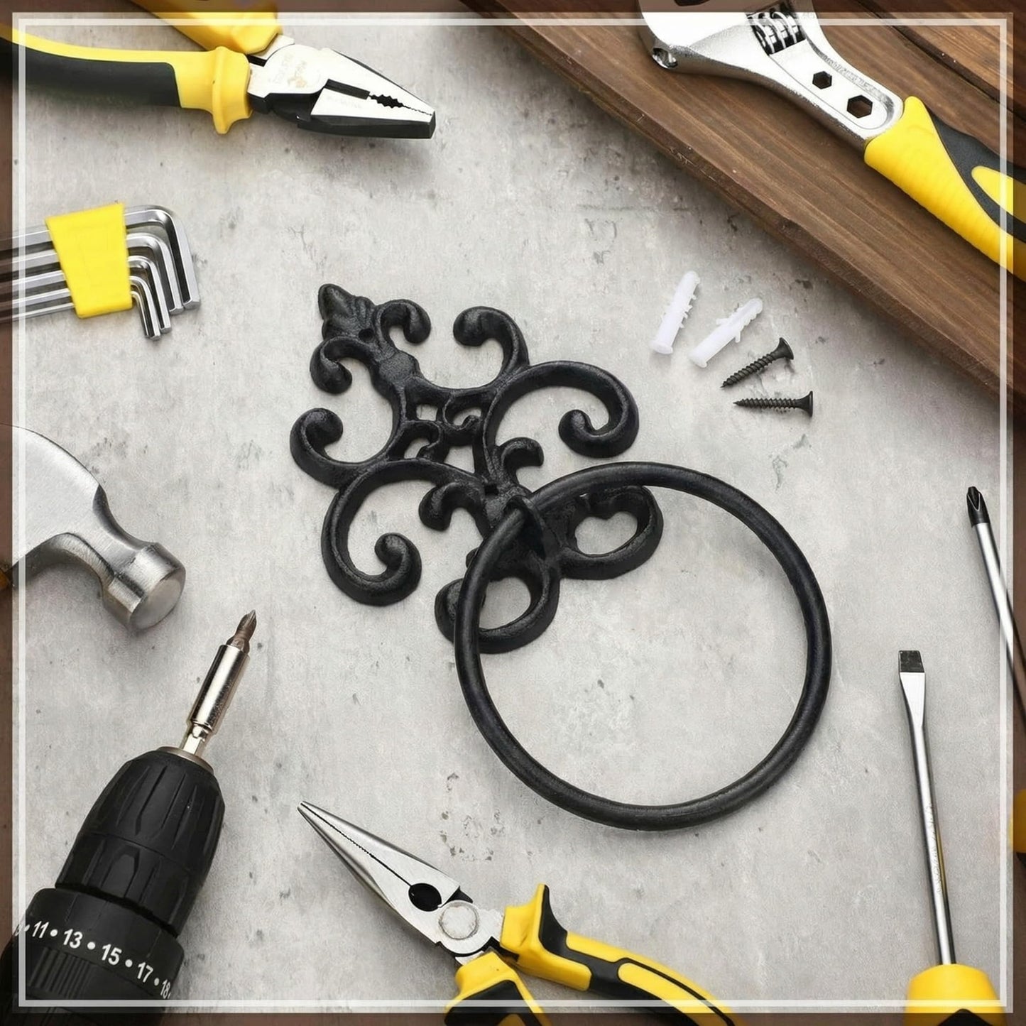 Otoolling 1 Pc Black Vintage Cast Iron Solid Towel Ring Fleur De Lis Design Antique Towel Holder for Bathroom Kitchen Accessories Wall Mounted Christmas Party Gifts