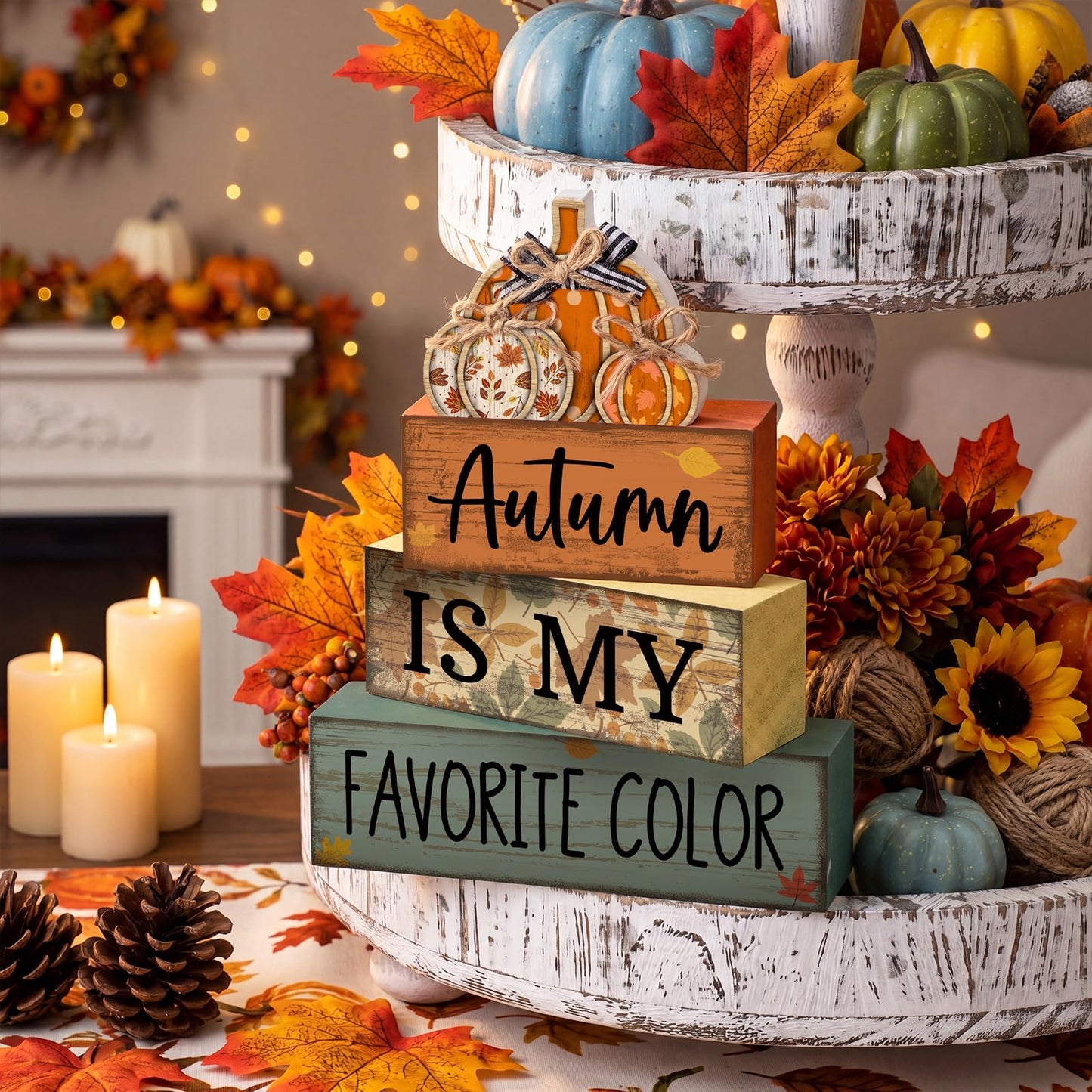 Lineshading 4 Pcs Fall Pumpkin Decor Fall Table Decoration Thanksgiving Tiered Tray Decor Thanksgiving Centerpiece Rustic Stacked Pumpkin Block Signs Farmhouse Harvest Decorations for Home Kitchen