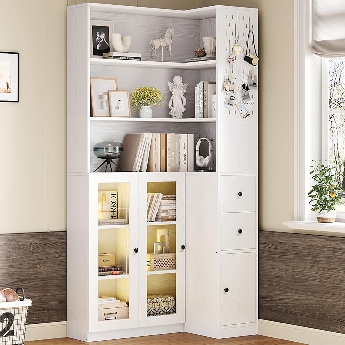 IRONCK Corner Bookshelf with LED Lights, 78.7" Tall Corner Bookshelves with 2