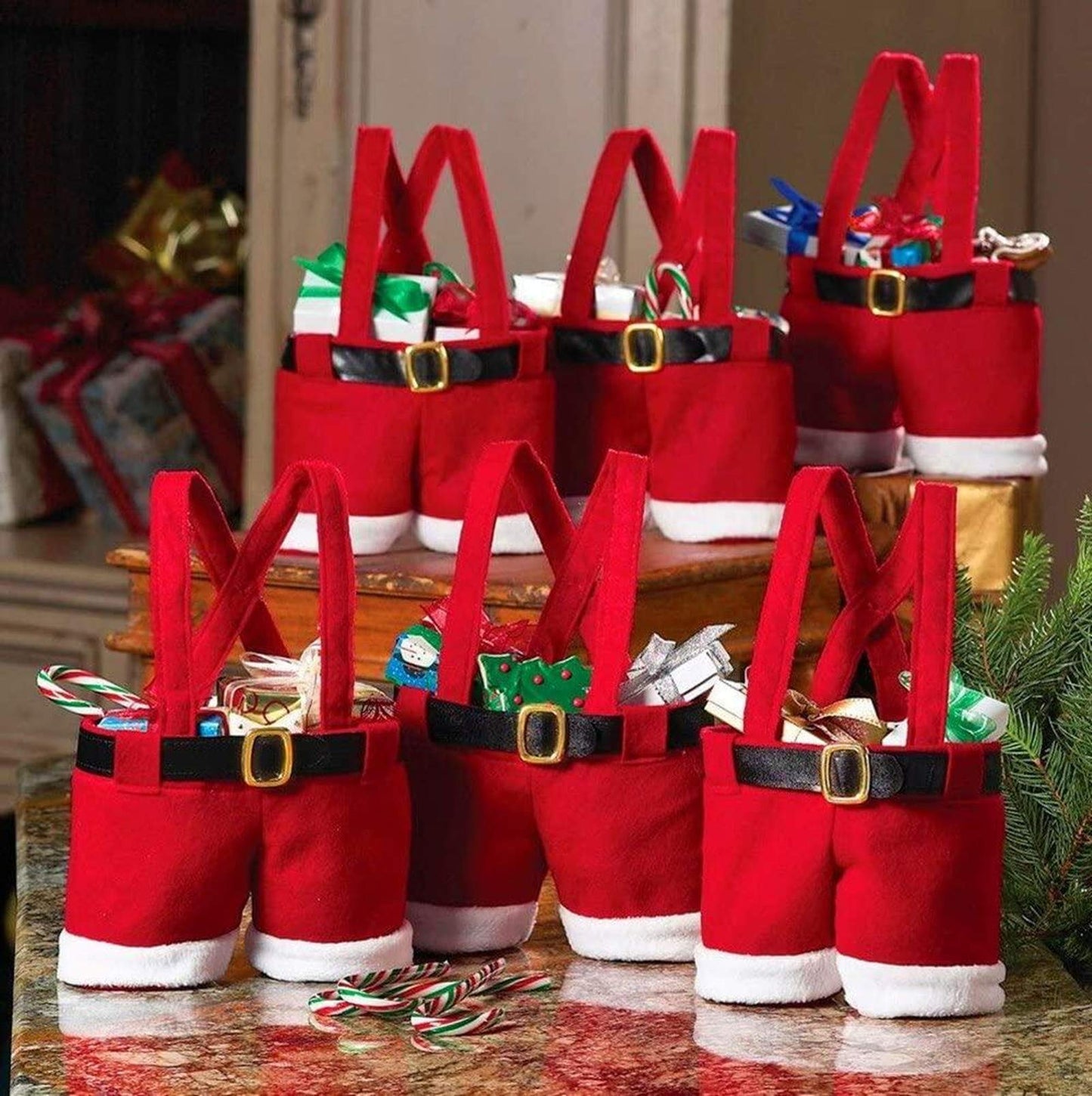 MSQ 6PCS Christmas Decorations Gift Bags Candy Bags Santa Pants Style Lovely Treat Bags for Wedding Holiday New Year Holiday
