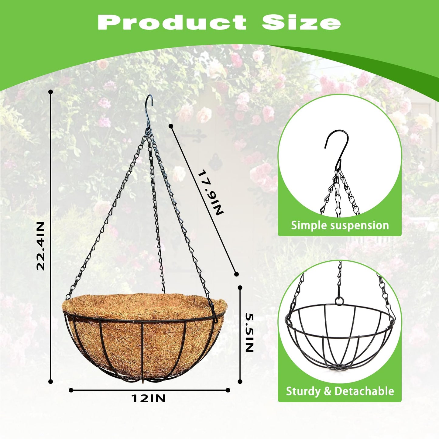 ZVOWOS 2 Pack 12 Inch Black Metal Hanging Basket Hanging Planter with Coco Coir Liner Heavy Duty Hanging Flower Pot Holder for Indoor Outdoor Patio Garden Porch Balcony Decor (Watermelon)