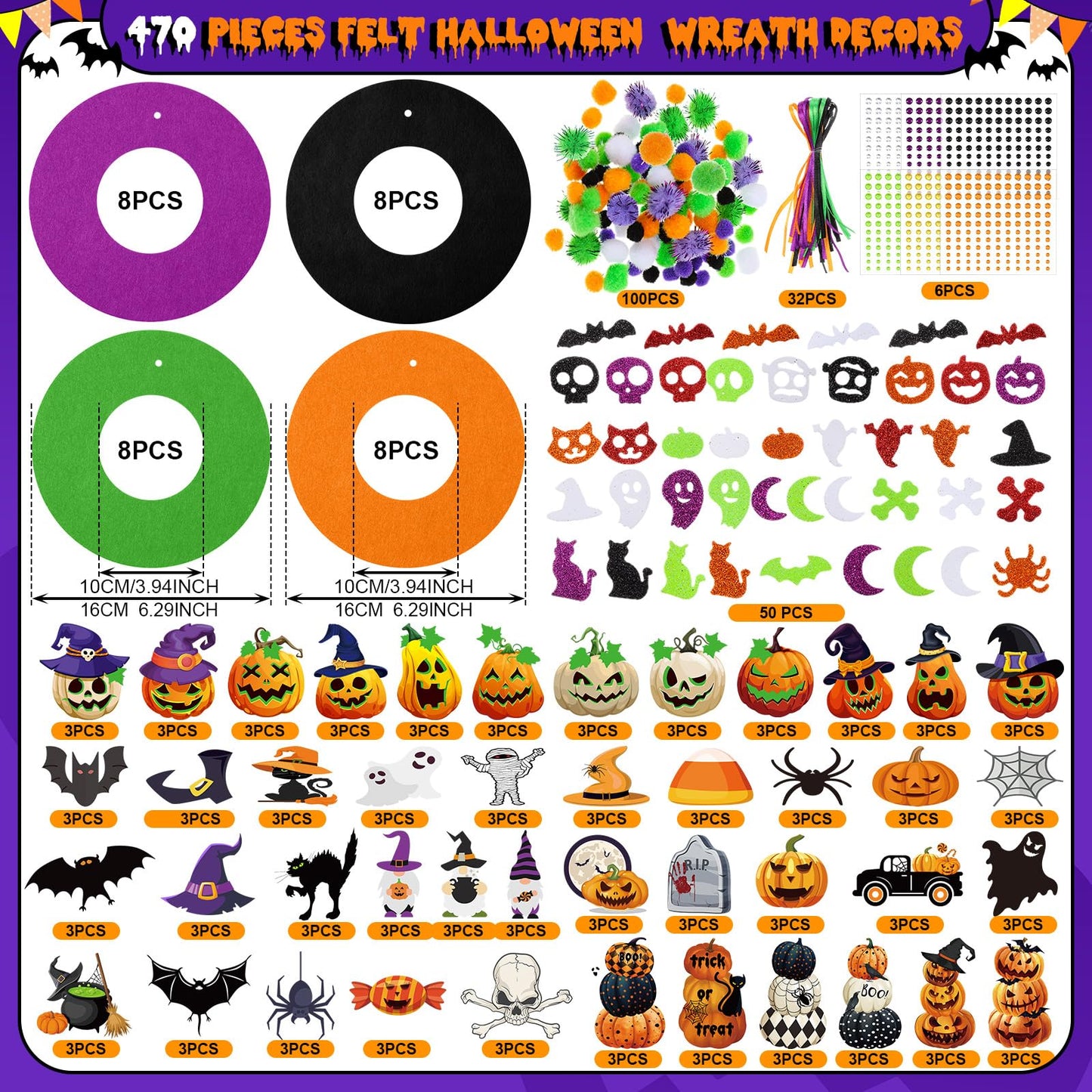 Moucuny 470 Pcs Halloween Craft Kits DIY Wreath Craft Kit Halloween Wreath Decorations with Ghost Witch Bats Pumpkin Cat Stickers Home Indoor Party Favors
