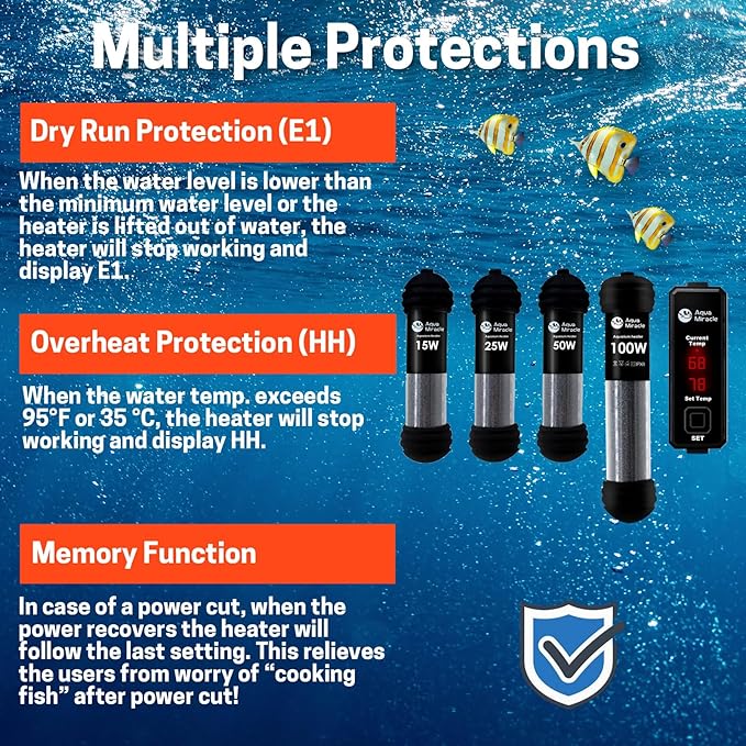 AquaMiracle Upgraded 100W Small Aquarium Heater Fish Tank Heater Turtle Heater Super Mini Aquarium Heater, Dry-Run/Overheating Protection and Memory Function, Dual LED Display, for 10-20 Gal Tanks
