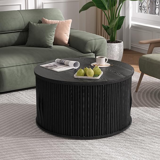 JOINICE 31.5" Black Round Lift Top Coffee Table, Modern Fluted Drum Center Table