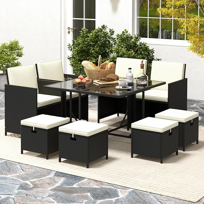 Tangkula 9 Pieces Outdoor Dining Furniture Set, Space-Saving Wicker Rattan