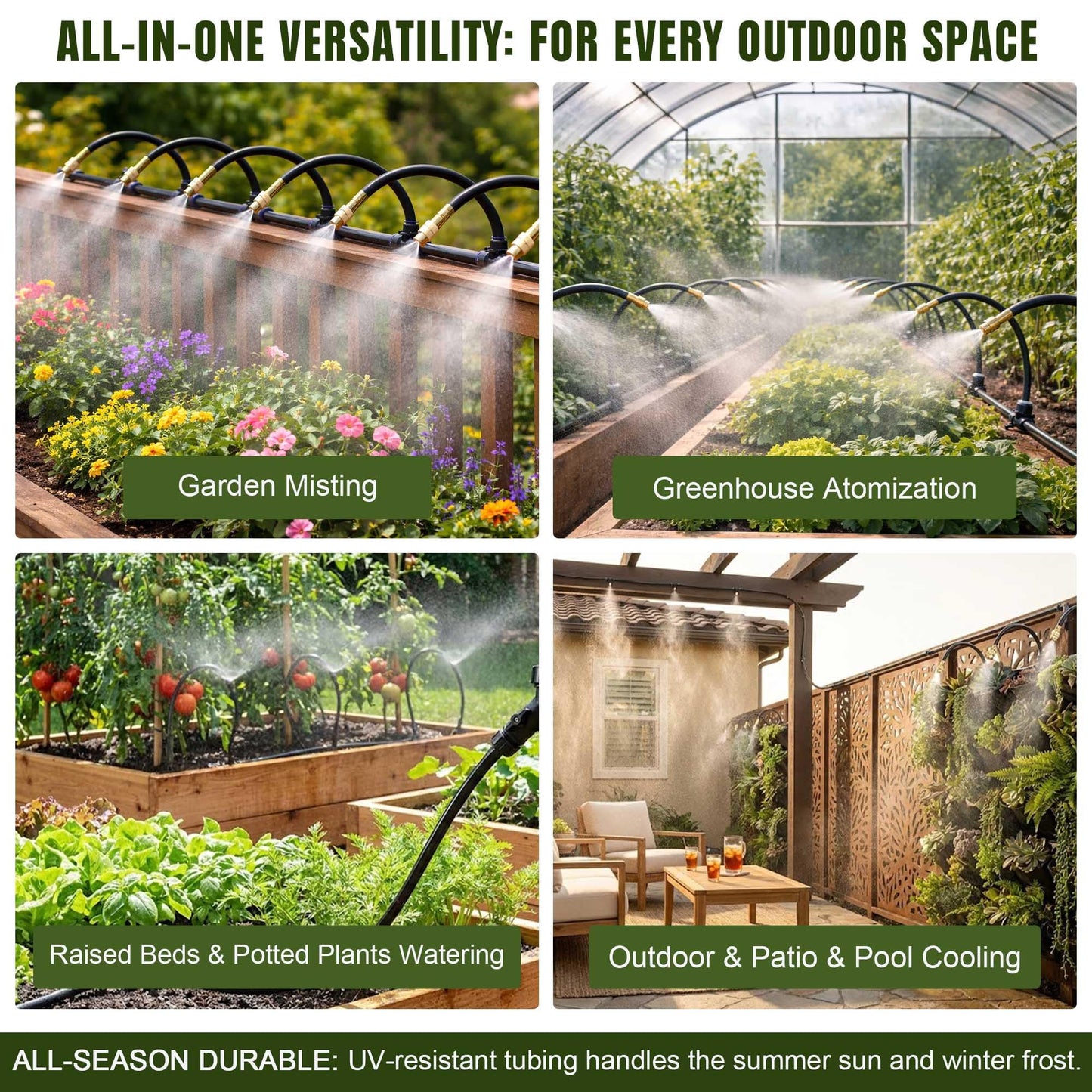 66FT Drip Irrigation System Kit Dual-Zone Garden Atomizing Watering System with 20 Copper 360° Adjustable Bendable Nozzles, Y-Splitter, Leak-Proof 1/4" Misting System for Garden Greenhouse Raised Beds