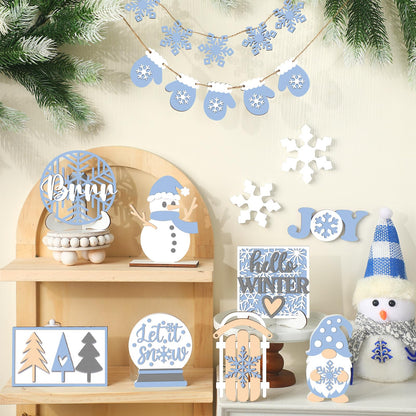 20 Pcs Winter Tray Decor Snowflake Snowman Gnome Wooden Signs Winter Wonderland Table Centerpieces Rustic Farmhouse Winter Tabletop Decorative Trays for Party Home Christmas Holiday