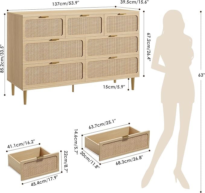GarveeHome Rattan 7 Drawer Dressers