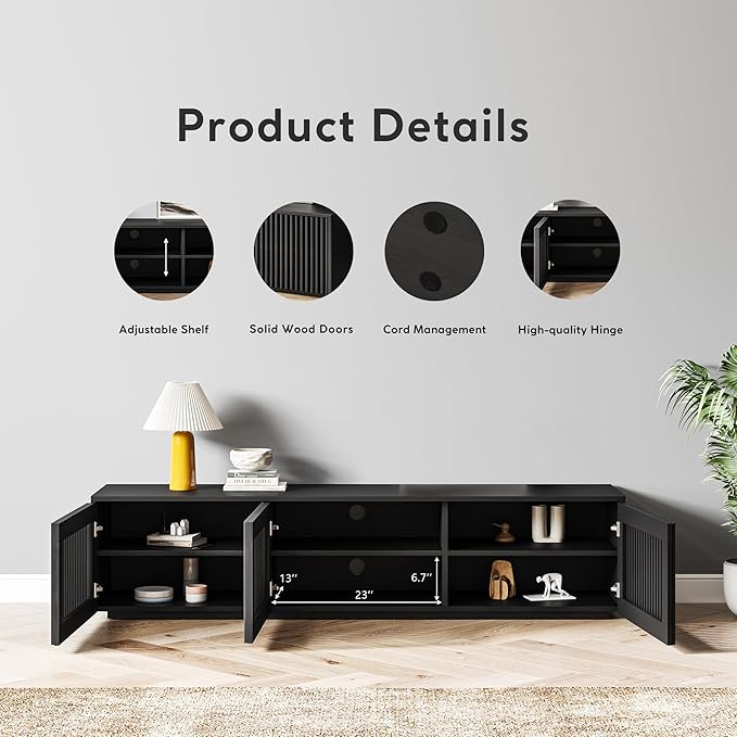 POVISON Full Assembled Mid Century Modern TV Stand, Wood Slatted Media Console