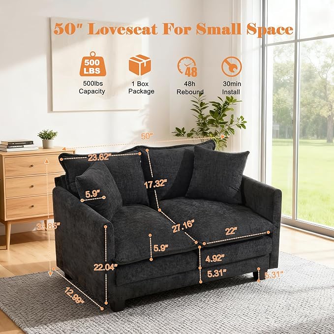 Loveseat Sofa Cloud Sofa Couch 50'', Modern Loveseats 2 Seat Couch 27" Deep Seat