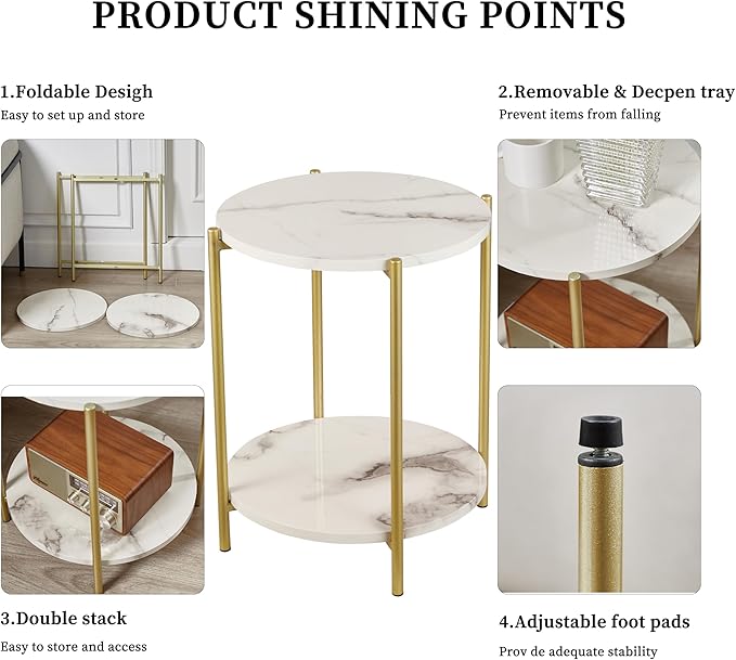 Gawicpy 2 Tier Round Side Table, Folding End Tables Coffee Table Simplistic