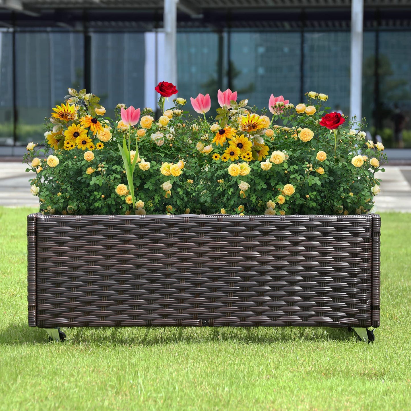 Chonsun Raised Garden Bed with Wheels - Rattan Wicker Elevated Raised Garden Bed Outdoor Raised Planter Box for Vegetables Grass Lawn Yard, 38 x 14.5 x 12 in, Brown