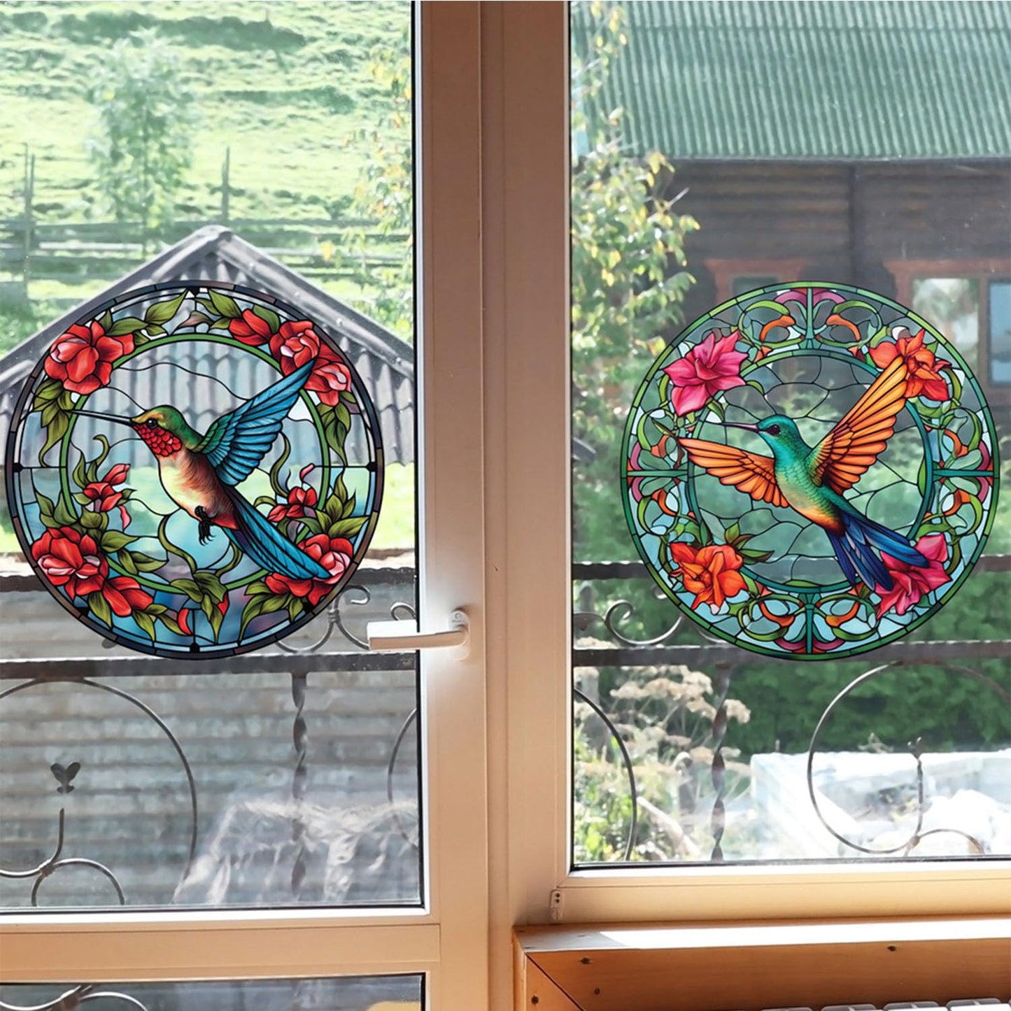 WBQMUNY 4 Sheets Window Decor Hummingbird Stained Glass Window Sticker - Wall Decor for Halloween Fall Christmas Decor for Home, Cafe