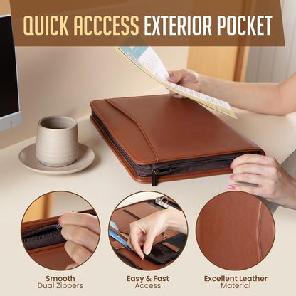 STYLIO Zipper Portfolio | Padfolio 3 Ring Binder and Clipboard Folio (Removable) | Portfolio Organizer for Documents, Tablet, Phone |Faux Leather Binder for Men and Women | Tan (Brown) Color